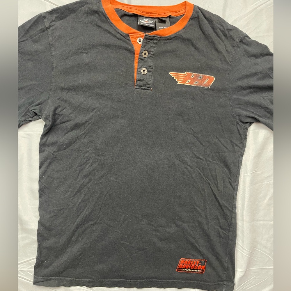 Harley-Davidson Genuine MotorClothes Henley T-Shirt Black Orange Cotton Size L